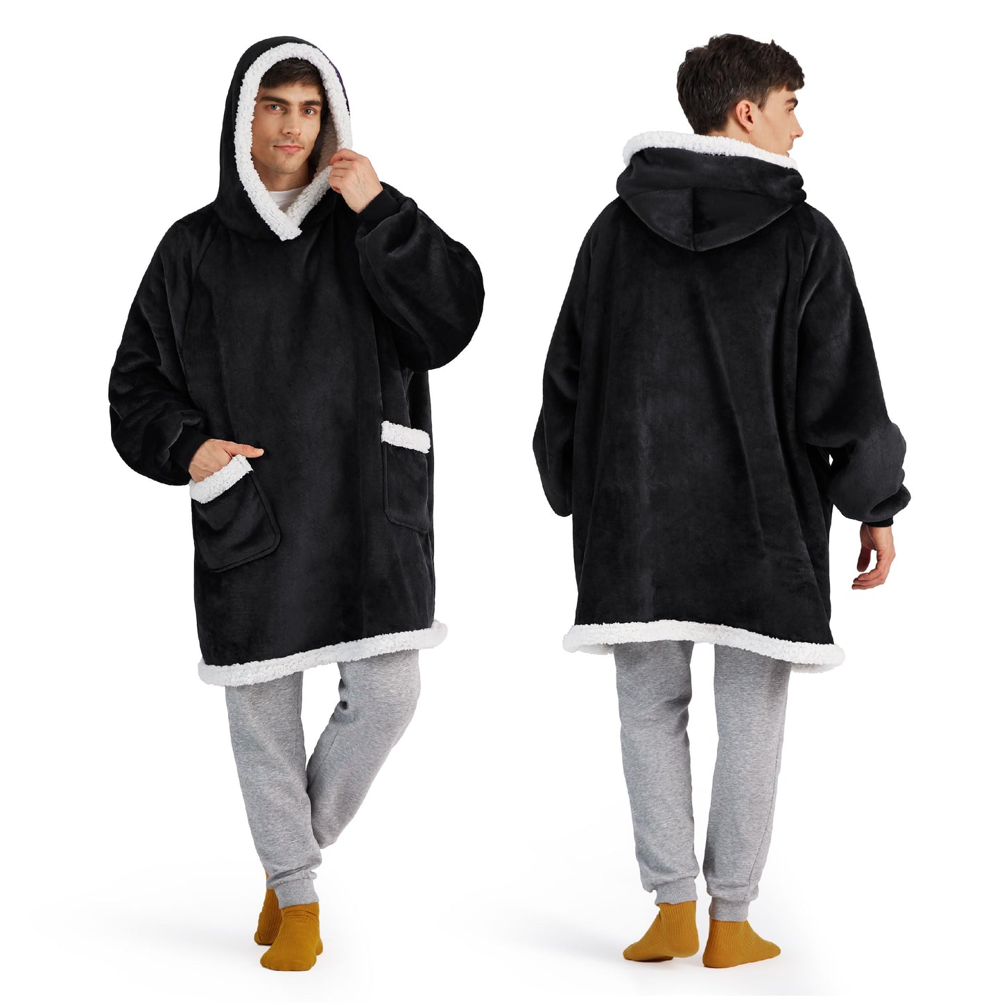 Bedsure Blanket Hoodie, Wearable Blanket for Adults & Kids as Gifts for Women Men, Birthday Gifts for Women Mom Girl Sherpa Oversized Hoodie, Black, Oversize