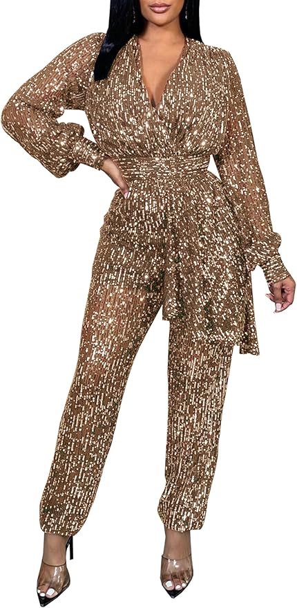 HugeNice Women's Dressy Jumpsuits Elegant Wrap V Neck Wide Leg Long Pants Casual Rompers Party Clubwear