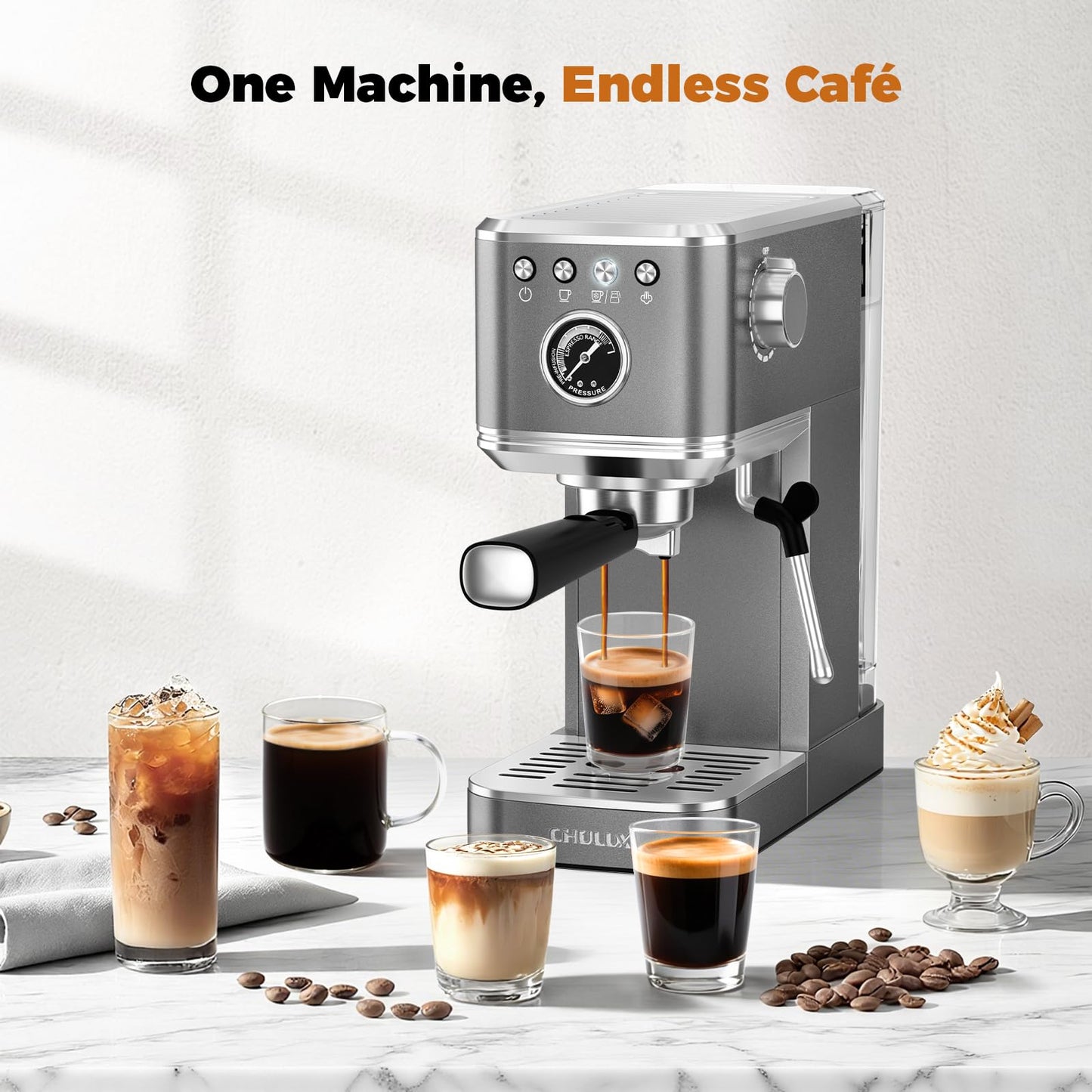 CHULUX Elite Espresso Machine with Milk Frother, Compact Hot and Ice Expresso Coffee Maker for Cappuccino, Latte and Americano, 20 Bar Italian High Pressure Pump, Metallic Gray