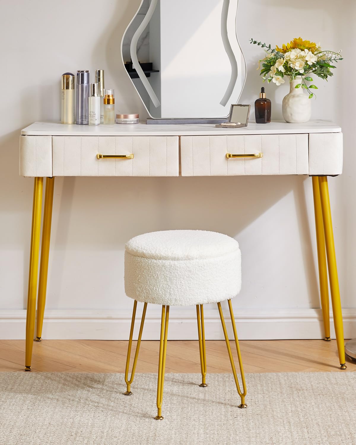 IBUYKE Teddy Velvet Storage Footrest Stool Ottoman, Makeup Vanity Stool Side Table with Removable Cover, Golden Steel Legs, Coffee Table Top Cover, White WBD010W