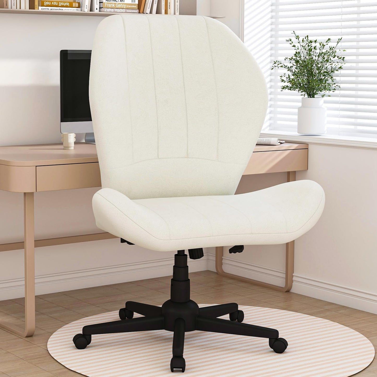 ZZW Criss Cross Chair with Wheels, Wide Cross Legged Office Chair Armless Comfy Desk Chair with Tall Back Vanity Chairs with Stress Relief Curved Design Seat for Bedroom & Office & Home Ivory White