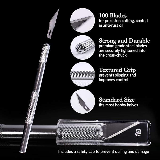 WA Portman Hobby Knife Set – 12pc Precision Craft Knife Set with 100 SK5#11 Steel Hobby Blades – Art Cutter Tool for Paper, Vinyl, Leather, Plastic, Fabric, Wood – Essential DIY and Craft Supplies