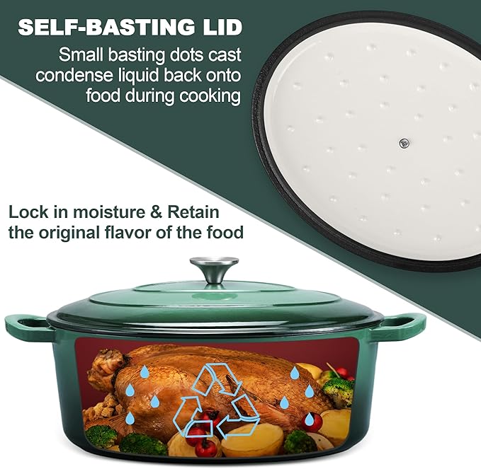 E-far 7QT Oval Dutch Oven Pot with Lid, Enameled Cast Iron Dutch Oven with Dual Handles, Heavy-Duty Cookware for Sourdough Bread Baking, Braising, Stews, Oven Safe & Easy Clean, Dark Green