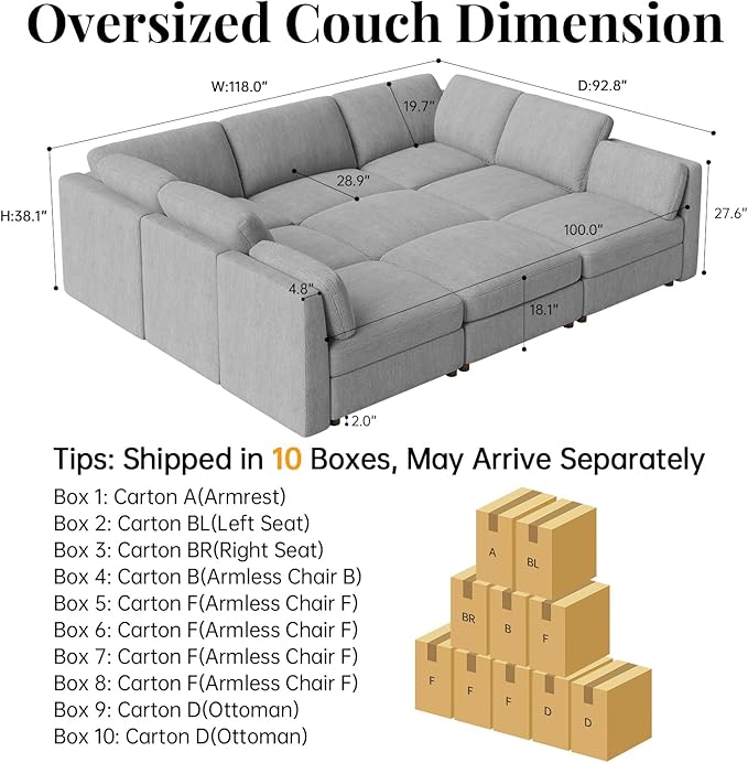 CUGOAO 118'' Modular Sectional Sofa Bed, Oversized Sectional Couch, Deep Seat Chenille Cloud Couch, Removable Cover, Mordern Upholstered Couches for Living Room, Apartment, Office, Grey
