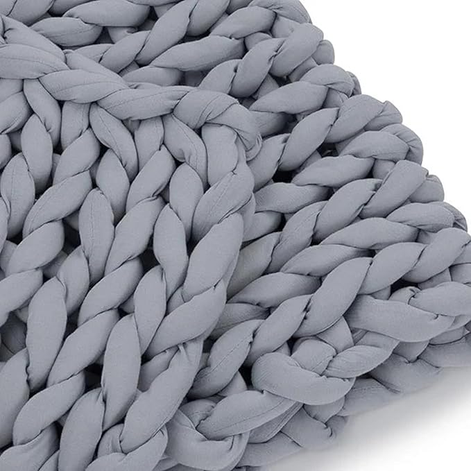 Nuzzie Chunky Knit Weighted Blanket - Breathable, Cooling, Hand Made Knit Throw Blanket for Sleep - Machine Washable, Stylish Design (Light Grey, Throw | 12lbs | 44"x60")