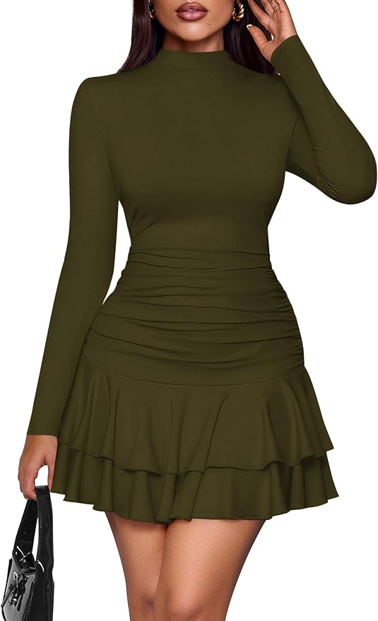 PRETTYGARDEN Womens Spring Long Sleeve Dresses 2026 Mock Neck Ruched Y2K Clothes Ruffle Layered Bodycon Mini Party Dress