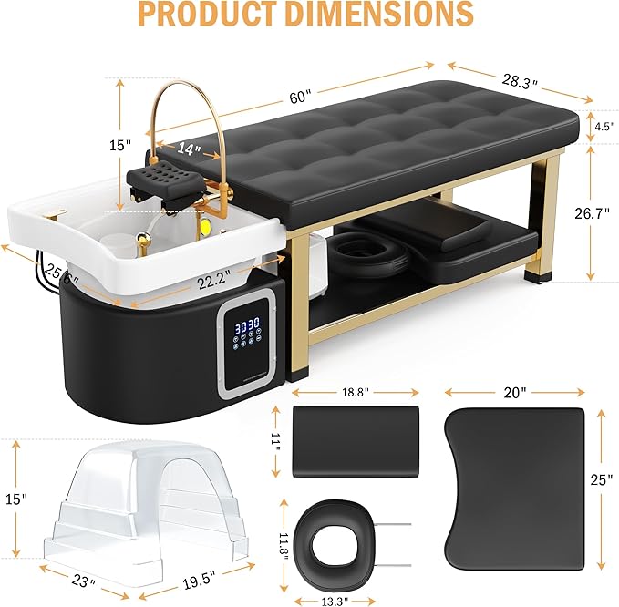 Head Spa Stationary Massage Table, Stainless Steel Gold Color-Plated Frame, Black PU Leather with Water Cycle & Fumigation Salon Equipment for Beauty Head Spa Physical Therapy Massage