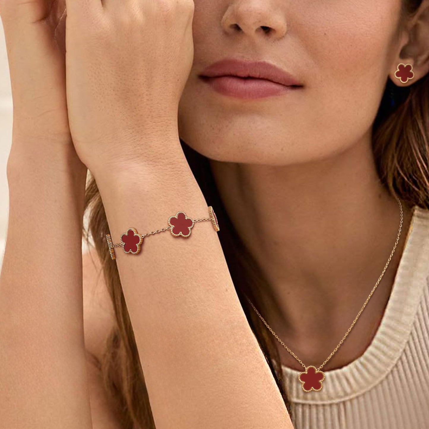 Gold Necklaces Bracelets Earring Set - 18K Gold Plated Flower Bracelet Chain,Stainless Steel Non Tarnish Floral Pendant Stud Jewelry Sets,Christmas Birthday Lucky Gift for Mom Wife Daughter Girlfriend