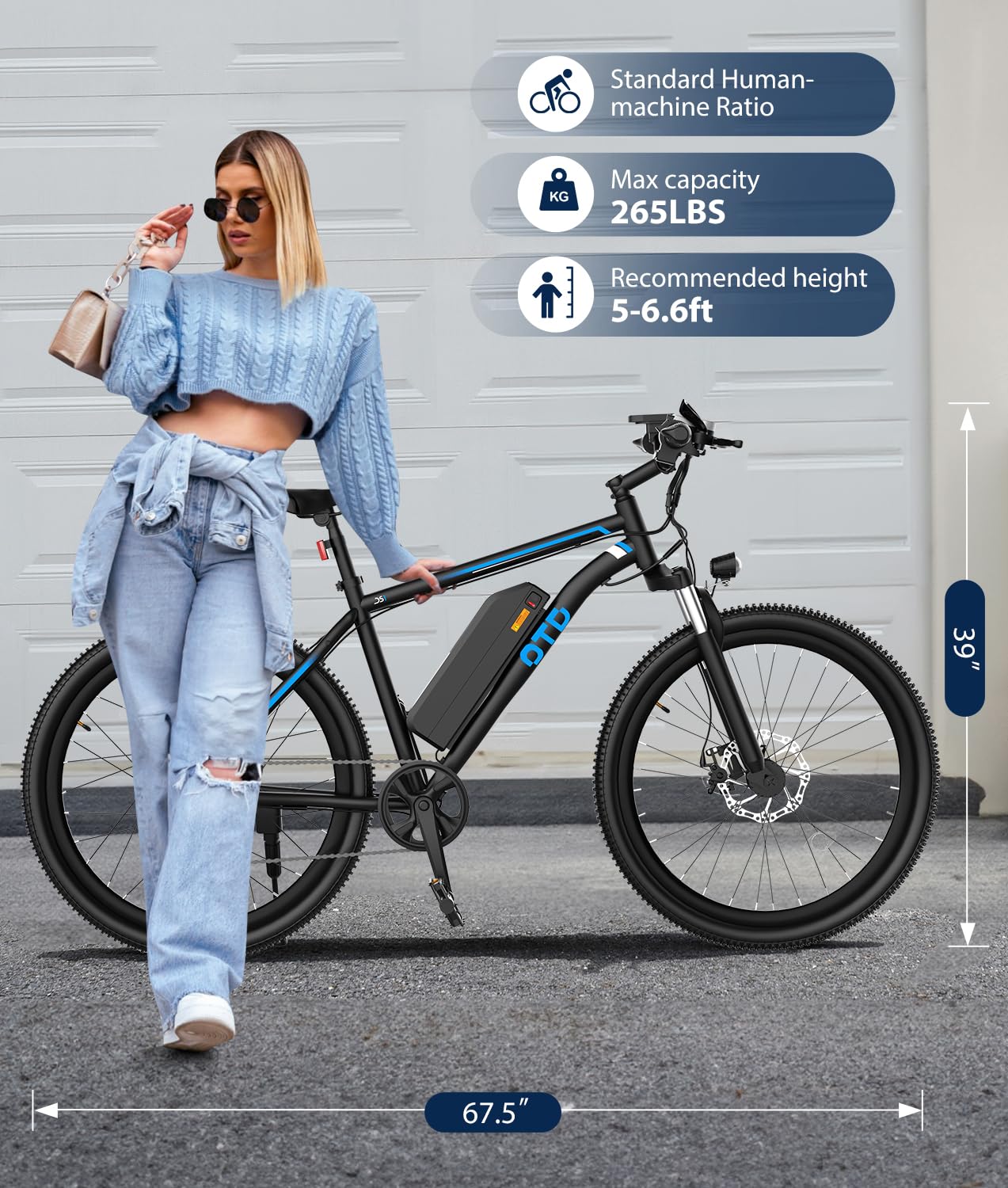 OTD Electric Bikes for Adults[with Mobile Phone Holder], 28MPH Electric Bicycles, 26" 800W Peak 45 Miles PAS Range, 48V 624Wh Removable Battery Ebike,7-Speed（UL 2849）,Black