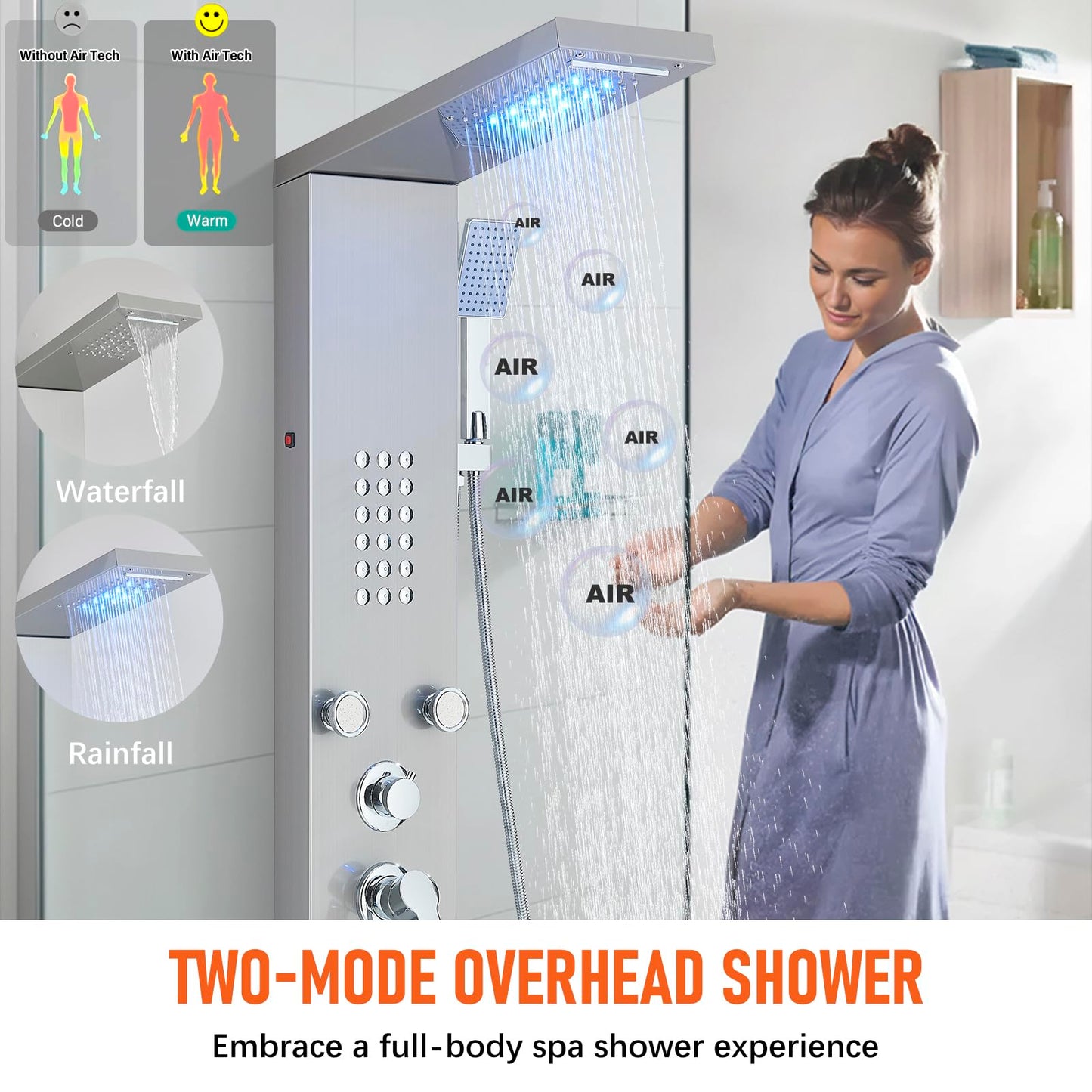 Fuz LED Shower Panel Tower System, 5 Function Stainless Steel Brushed Nickel Shower Tower with Rainfall Shower Head and Handheld, 4 Body Jets and Waterfall Tub Spout, High Pressure Shower Column