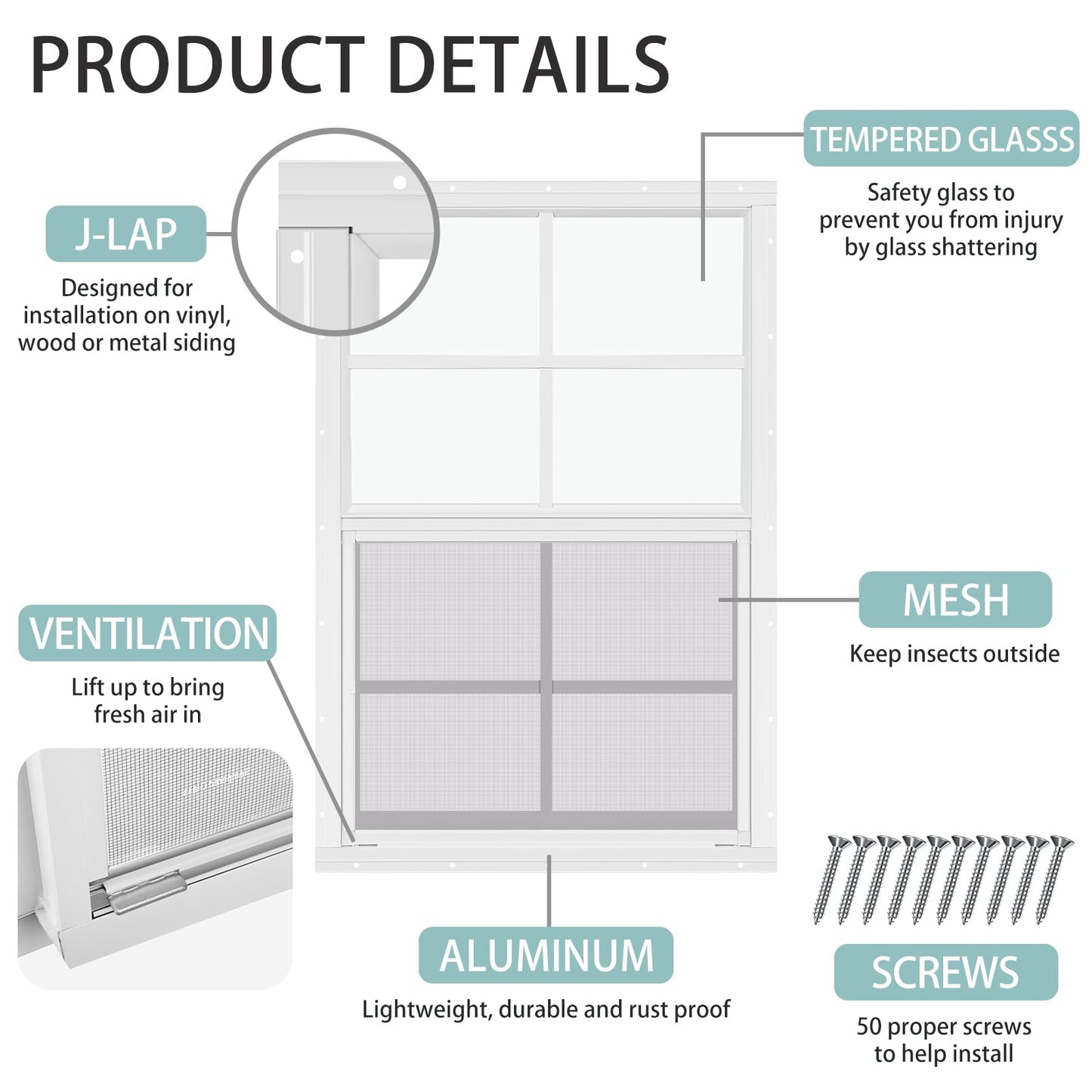 Tandefio 2 Pcs 18''x 27'' White Flush Mount Shed Window with Tempered Glass and Screen Household Windows Sliding Windows with Vertical Slider and Screws for Chicken Coop Loft Sheds Barns