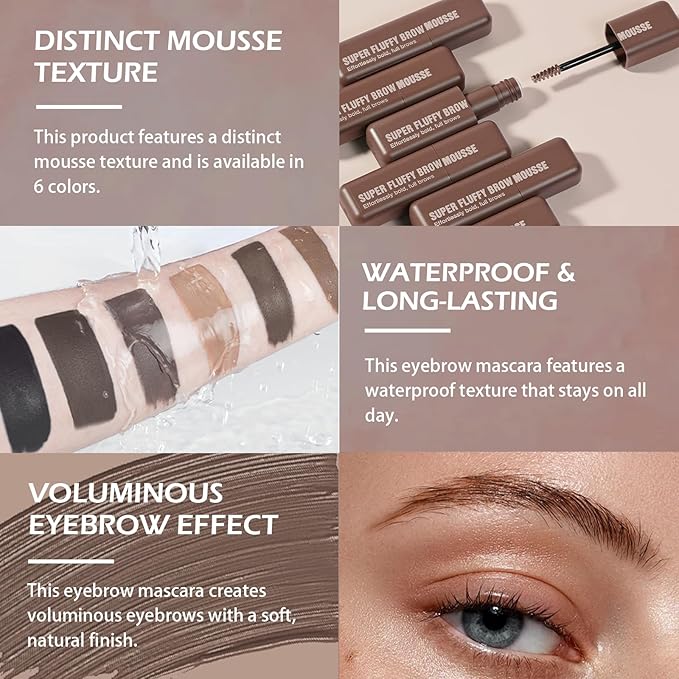 Brow Super Fluff Eyebrow Gel Mousse, Volumizing and Tinted Thickening Eyebrow, Waterproof, Long-Lasting, Easy-to-Use for Soft Full Brows, 2 Medium Brown