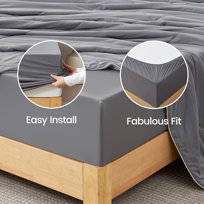 Cozy Bliss Premium Cooling Sheet Set Queen Size, Q-Max>0.4, 3PCS No Flat Sheet with 2 Pillowcases, Breathable Fitted Sheet for Hot Sleepers & Night Sweats, Deep Pocket Up to 18 Inches, Dark Grey