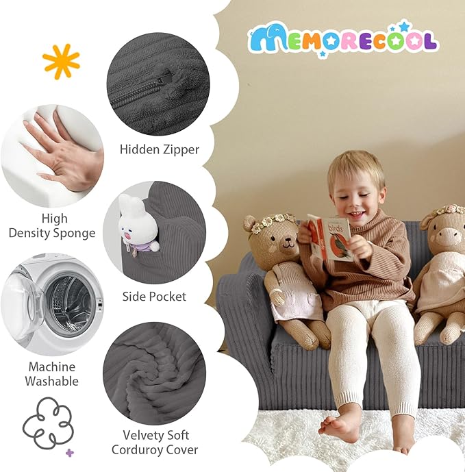 MeMoreCool Toddler Chair Comfy for 1-3 Years Old, Corduroy Kids Couch Bed Fold Out, 2-in-1 Foldable Baby Lounge Chair, Pull Out Children Sofa Bed, Dark Grey