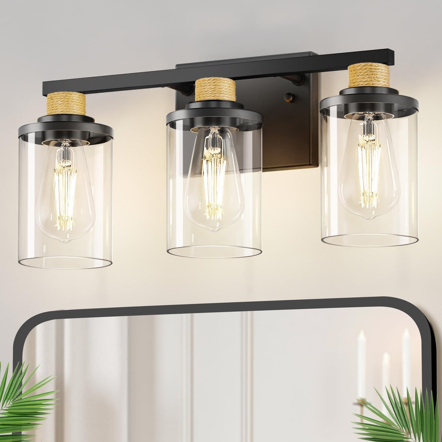 DORESshop 17 Inch Bathroom Light Fixtures, 3-Light Black & Rope Bathroom Lighting Fixtures Over Mirror with Clear Glass Shade, Vanity Lights for Living Room Bedroom