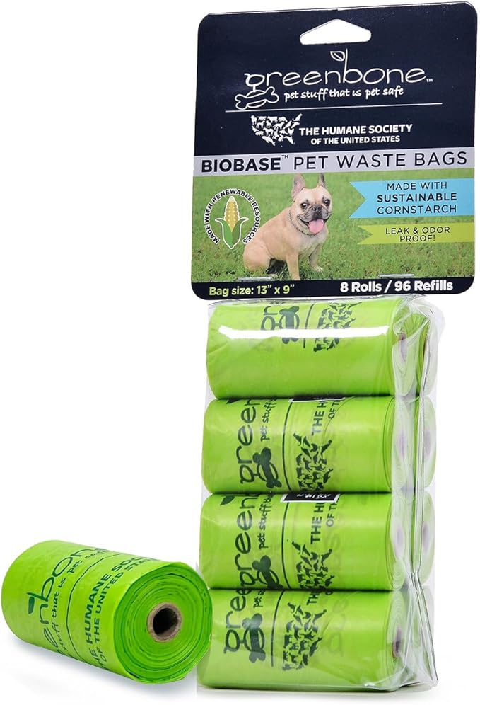 The Humane Society by Greenbone Biobase Pet Poop Bags - 8 Rolls - 96 Refills - Made with Corn Starch - Leak Proof 13 Inch x 9 Inch