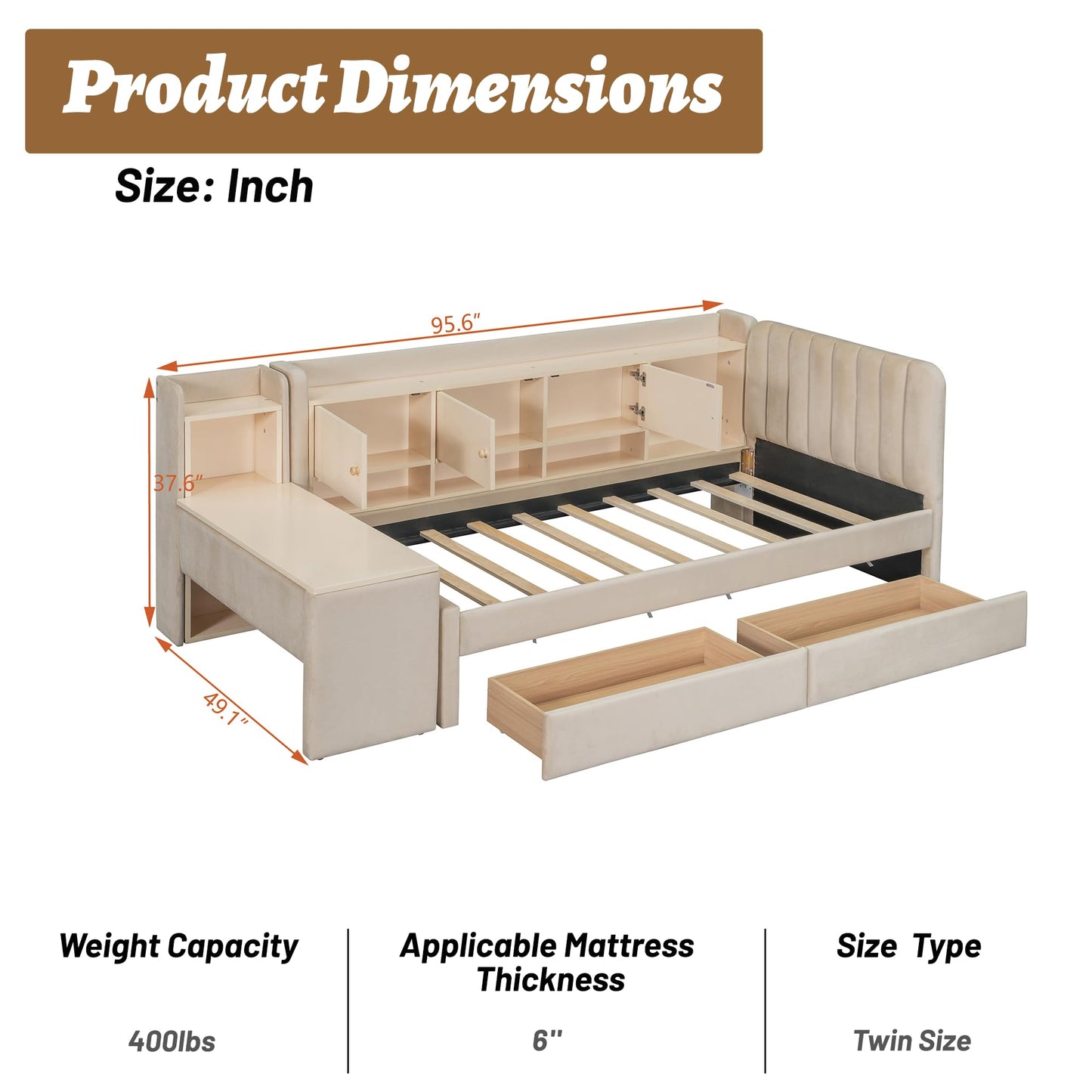 OYUMOENTS Twin Size Corner Bed, Corner Bed Frame Twin with Trundle & Shelves, Upholstered Daybed with USB & Outlet, No Squeaks for Kids Teens Adults, Beige