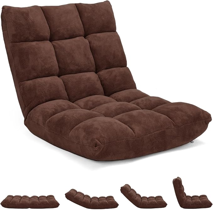 Folding Floor Chair w/Back Support, 14-Position Adjustable Lazy Sofa Chair w/Coral Velvet Fabric & Alloy Steel Frame, Portable Meditation Chair for Reading, Gaming,Sleeping (Coffee)