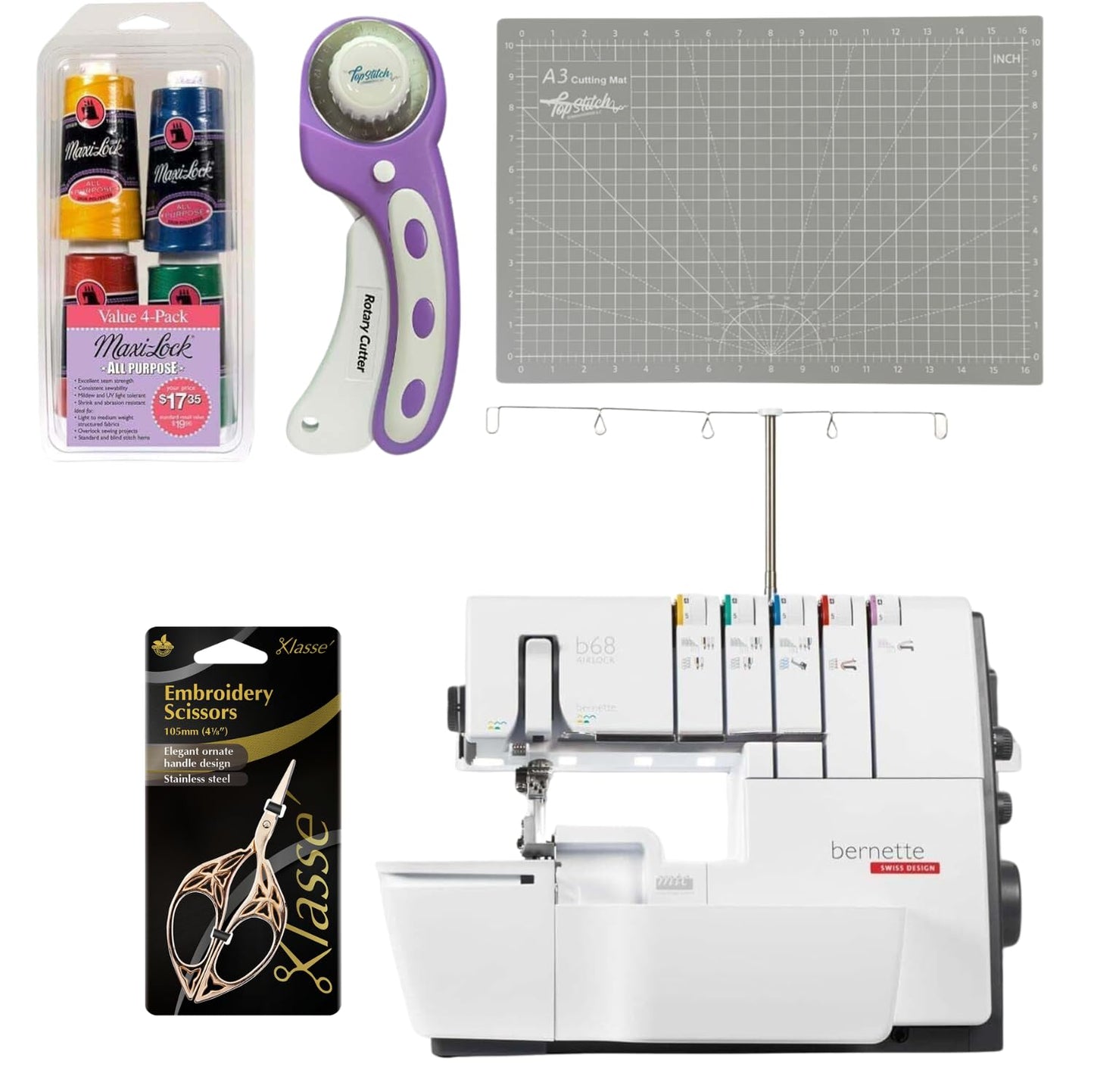 Bernette B68 Airlock Serger Sewing Machine | Adjustable Stitch Length, 1300SPM, LED Light, 5 Thread Options, Presser Foot Adjustment | Scissors, Rotary Cutter, Threads Bundle, Cutting Mat