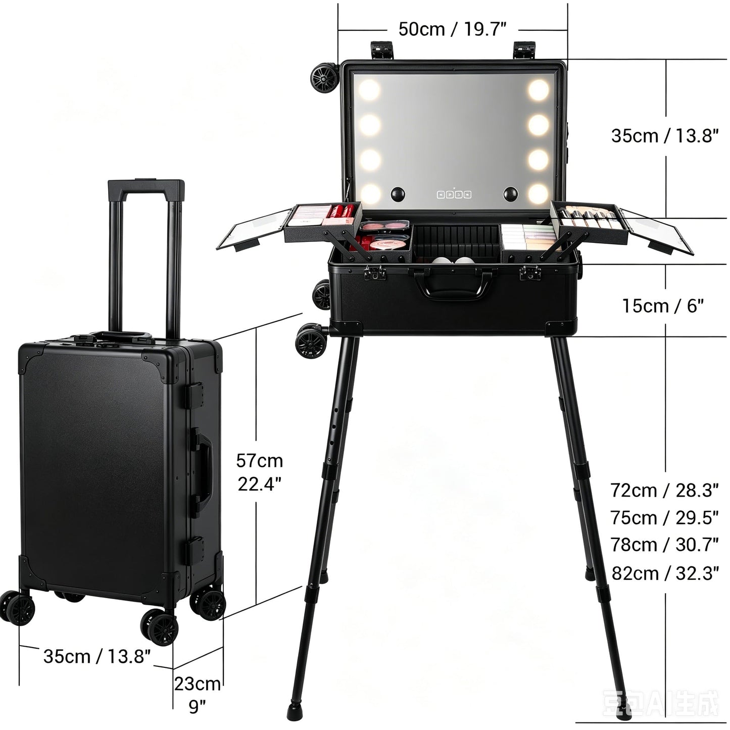Aiborke Rolling Makeup Train Case with Lighted Mirror and Bluetooth Speaker Professional Cosmetic Organizer Case with Wheels, Stands Portable Makup Station Vanity for Travel (Standard Black, Small)