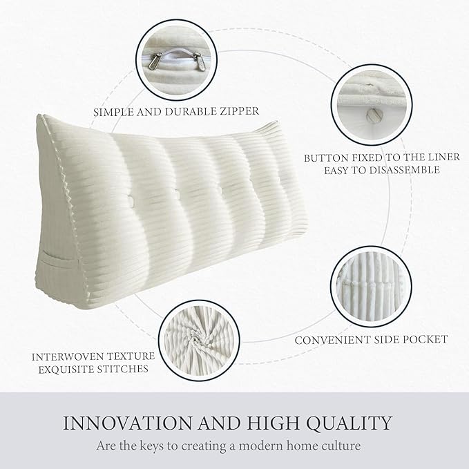 Wedge Headboard Pillow Dorm Room Reading Pillow Back Support for Sitting Up in Bed Bolster Lumbar Cushion Body Positioning Bedrest Corduroy (White, Full (54 * 8 * 20in))