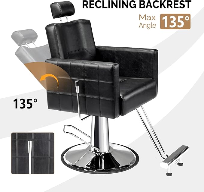 OmySalon Hydraulic Barber Chair Heavy Duty, Salon Chair for Hair Stylist All Purpose, Reclining Hair Salon Chair for Braiding Shampoo Facial Waxing Beauty Spa, 360 Degree Swivel, Black