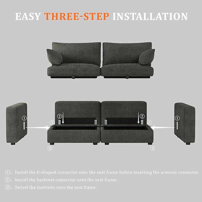 Cloud Modular Sectional Sofa Couch with Storage Ottoman, 99" Oversized Sectional Couches for Living Room, Cloud Modular L-Shaped Sofa with Chaise, 6 Seater, Chenille, Dark Gray