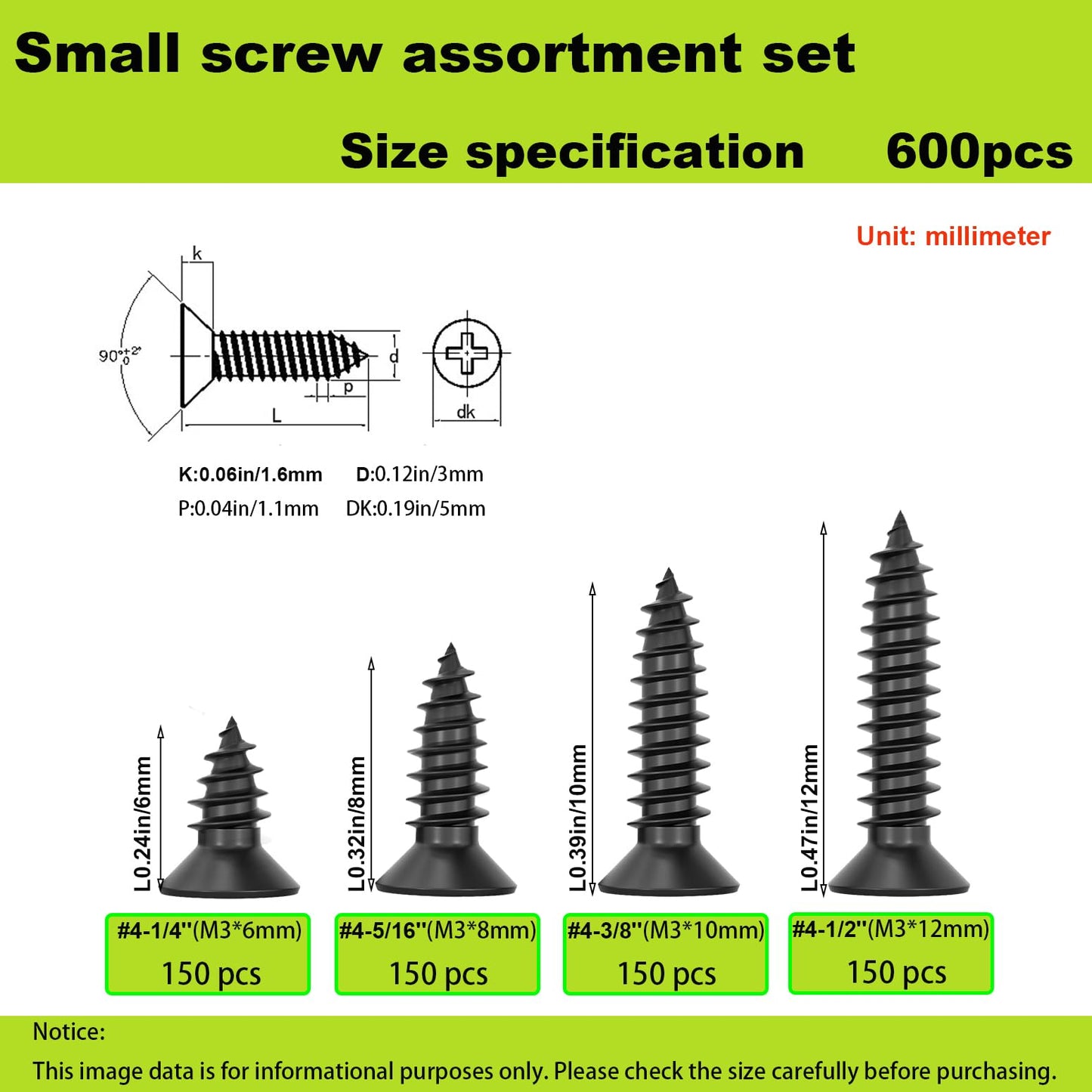 Small Wood Screws Assortment Kit - 600pcs M3 Black Wood Screws (6/8/10/12mm) - Short, Cabinet & Tiny Screws for Electronics, DIY & Micro Woodworking