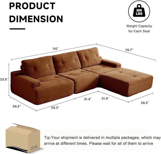 110" L-Shaped Modular Sectional Sofa with Convertible Ottoman, Cloud Boneless Sectional Couch with Deep Seat for Living Room Bedroom, Cloud Corduroy, No Assembly,Brown