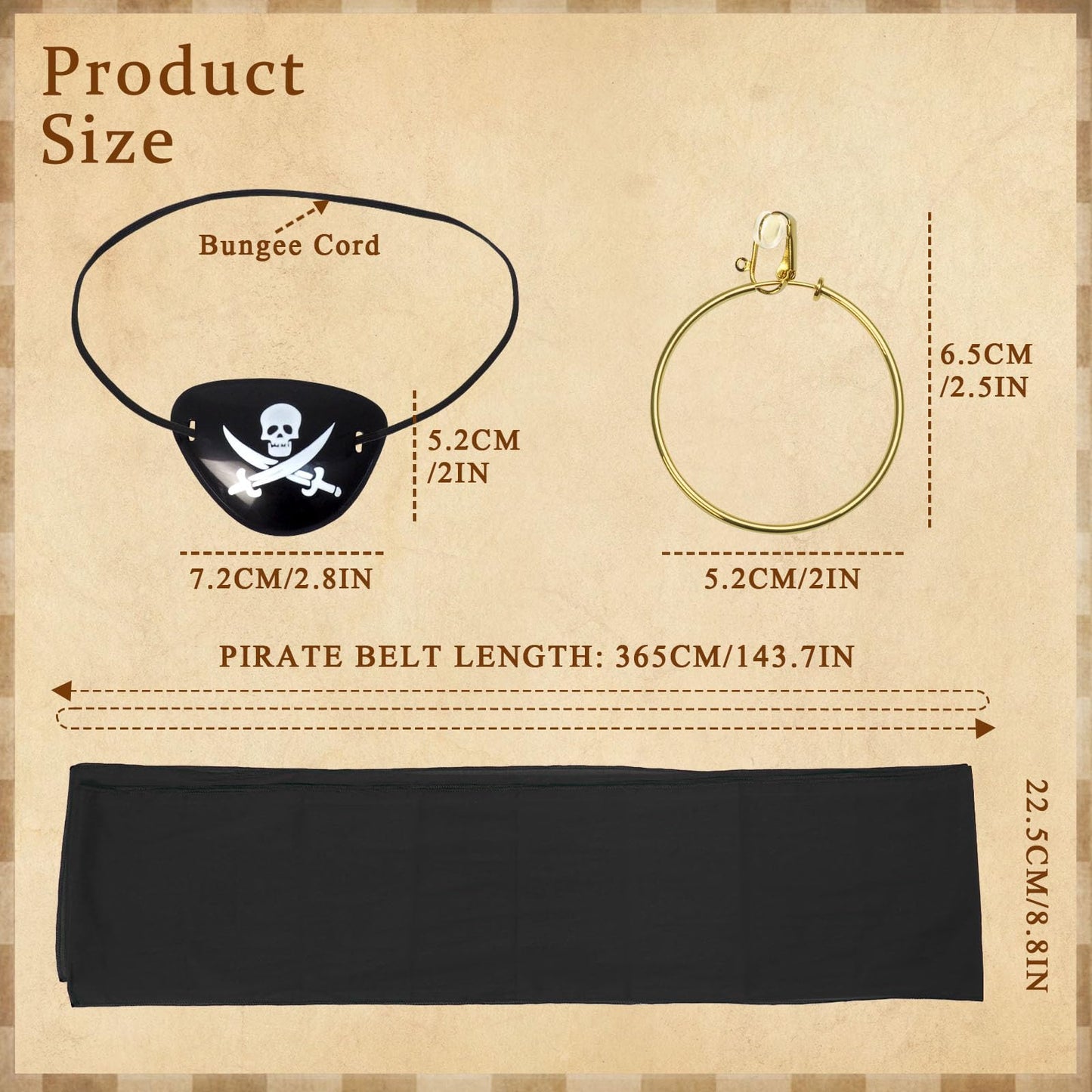 Cotton Pirate Costume Accessories Set for Men And Women Head Scarf Sash Belt Dress With Earring And Necklace (Black)
