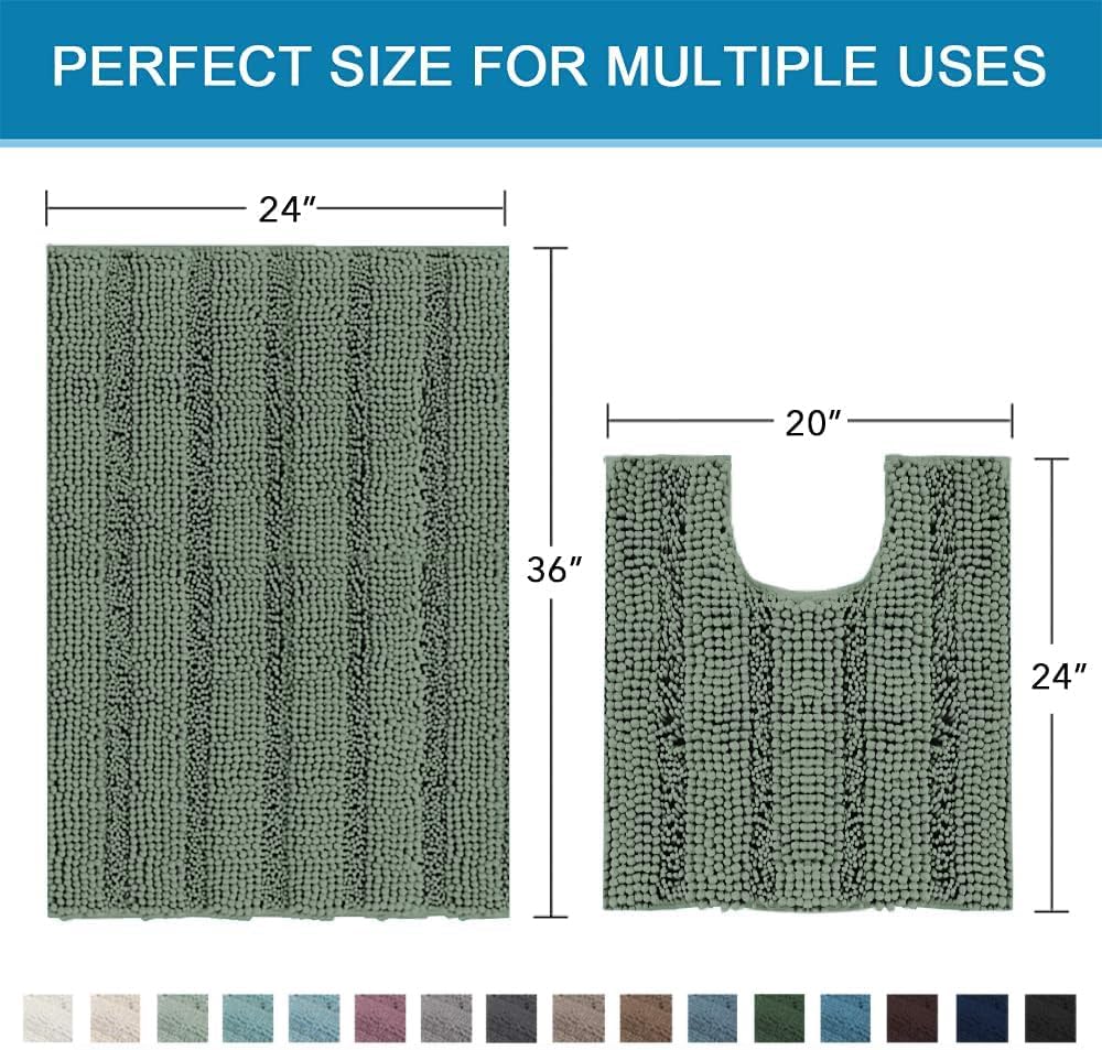H.VERSAILTEX Bathroom Rugs Bath Rug Set 2 Piece Bathroom Contour Rug Toilet Mat Non Slip Contour Bath Rug Ultra Thick Water Absorbent Striped Bath Mats Washable(36" x 24" Plus 20" x 24" U, Green Bay)