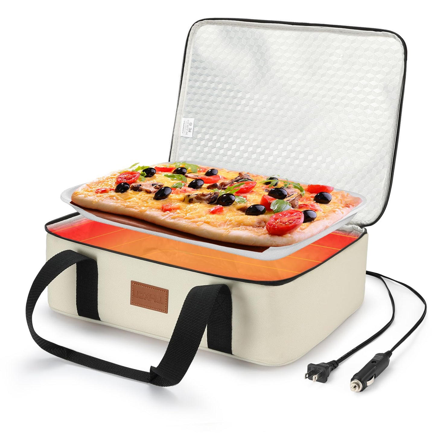 Food Warmer Electric Casserole Carrier - Large Heated Lunch Bag for Car Truck, 12V/24V/110V, Thermos for hot food for Potluck Cookouts Parties Picnic,Lasagna Lugger,Fits 9"x13" Baking Pan (Beige)