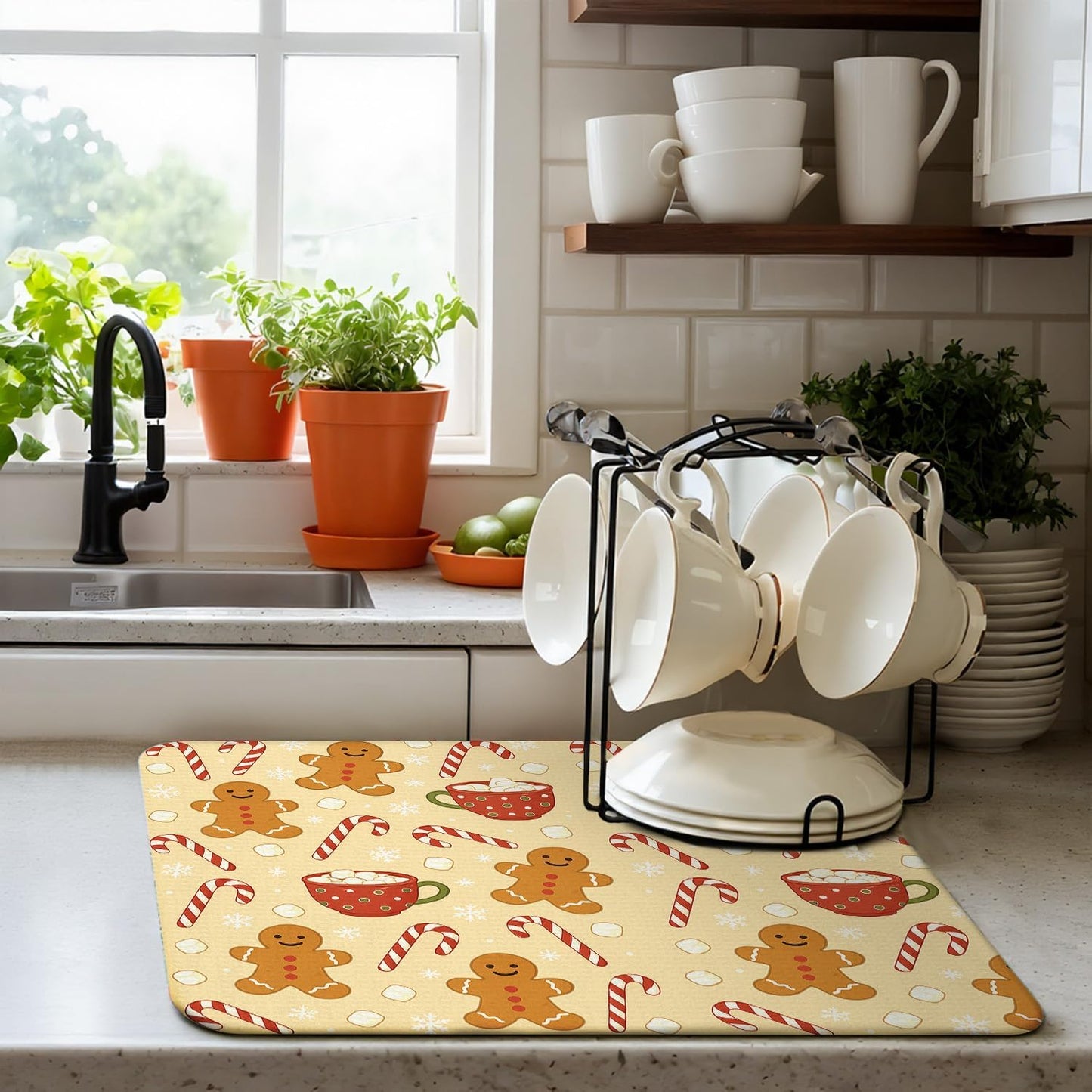 Christmas Drying Mat for Kitchen Counter 16" X 18" Gingerbread Dish Drying Mat for Kitchen Decor Xmas Drying Mats For Home Counter Drying Mats For Dishes Dish Mat Drying Mat