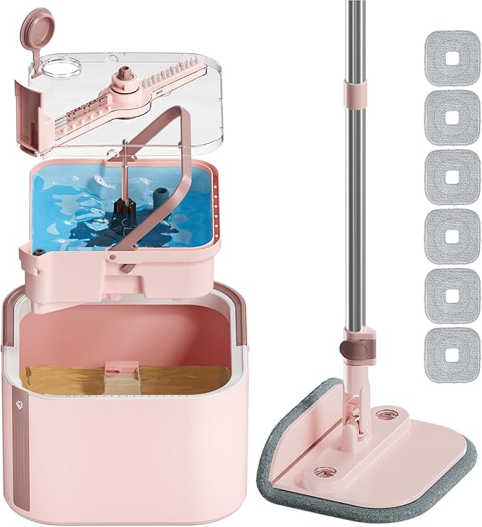 Upgraded Self-Standing Spin Mop and Bucket System, Detachable Inner Mop Bucket Separates Dirty Water & 90° Foldable Head, Triple-Scrub System, 0.9Gal Dual Drainage, for Hardwood Floors (Pink 6 Pads)
