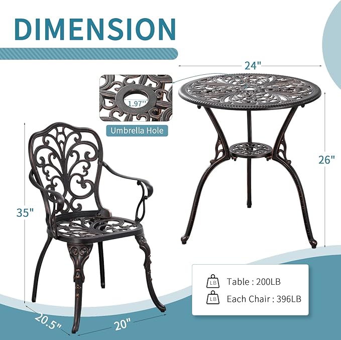 Withniture Bistro Set 3 Piece Outdoor Bistro Set, Cast Aluminum Bistro Table Set with Umbrella Hole, Anti Rust Bistro Table and Chairs Set of 2 for Front Porch, Balcony, Bronze