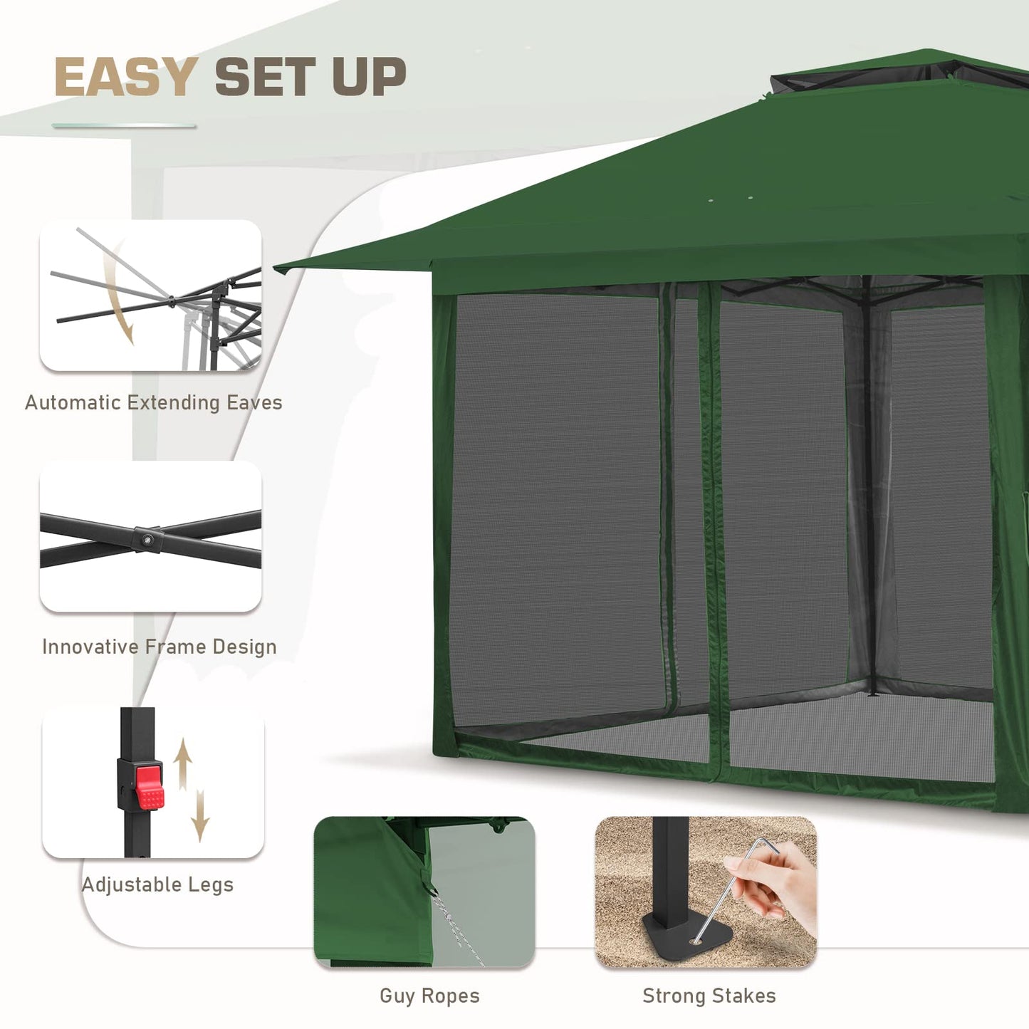 EAGLE PEAK 13x13 Pop Up Gazebo with Mesh Netting, Easy Up Screened Canopy for Patio and Backyard, Easy Set up Outdoor Gazebo (Green)