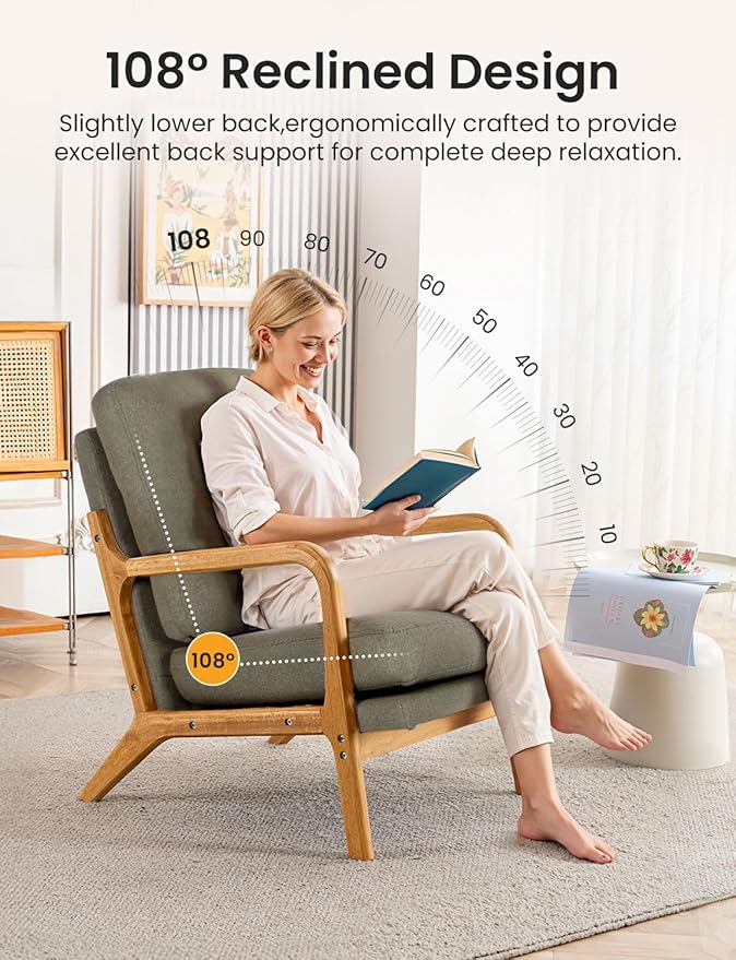 Mid Century Modern Accent Chairs for Living Room, 23” Wide Comfy Chair for Bedroom, Small Cozy Linen Reading Chairs for Adults, 108° Lounge Arm Chair Indoor with Detachable Cover, 5.5" Foam Cushion