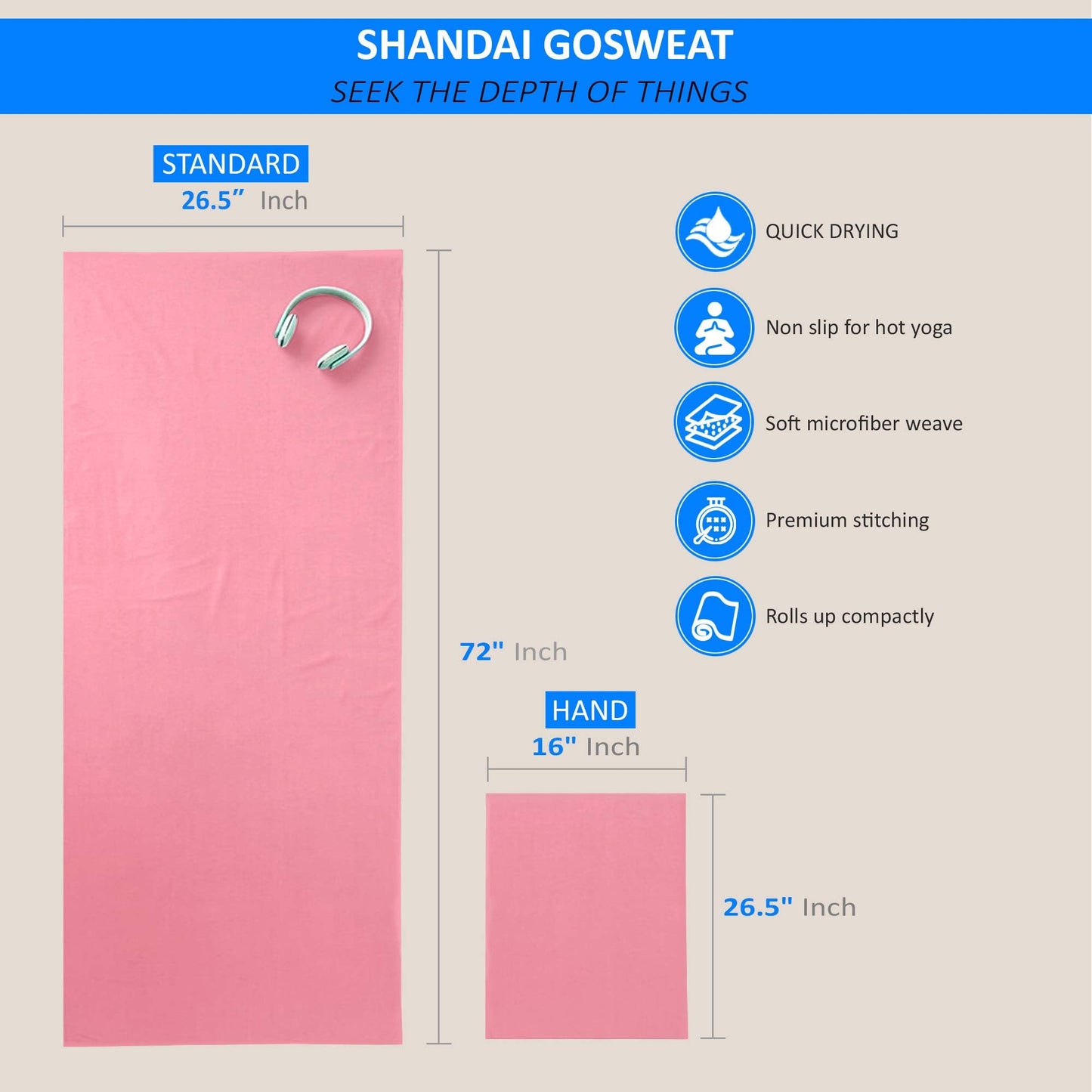 Shandali Super Absorbent, 100% Microfiber, Suede, Bikram/HOT Yoga Towel (26.5 x 72)