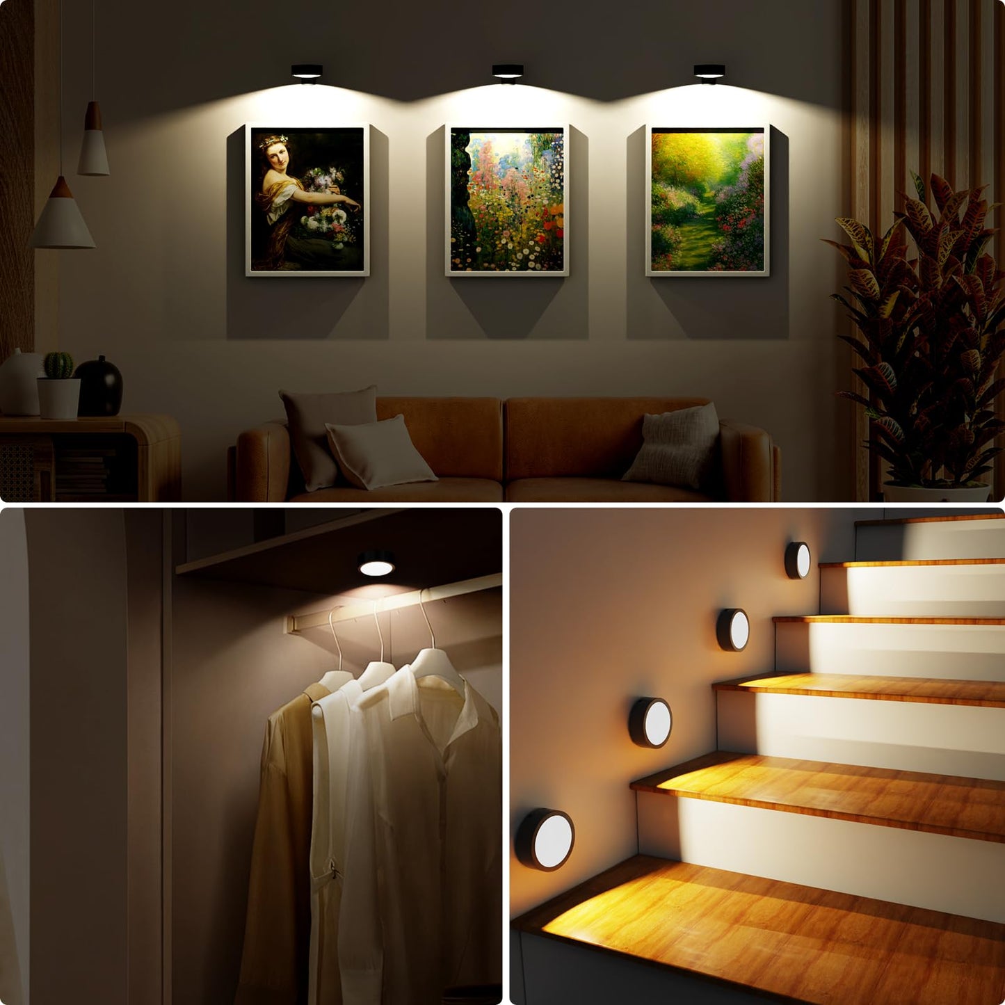 Tututry Picture Lights for Wall, Rechargeable Battery Operated Wireless Magnetic Painting Lights with Remote Dimmable and Timer, Wall Decor Lights with 3 Lighting Modes for Art Display (Black, 6Pack)