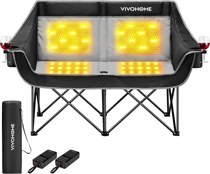 VIVOHOME 45W Padded Heating Double Camping Chair with 2 x 27000mAh Power Bank, Heated Oversized Portable Loveseat for Outd...