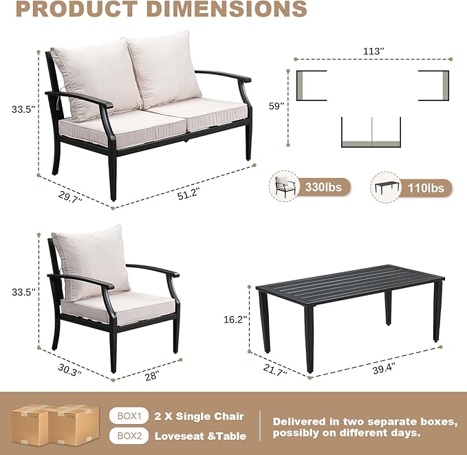 SunloungeCo 4-Piece Patio Furniture Set, Wider Outdoor Metal Seating Sofa with High Back & Loveseat, Coffee Table, All Weather Metal Conversation Set for Backyard, Poolside, Deck-Beige