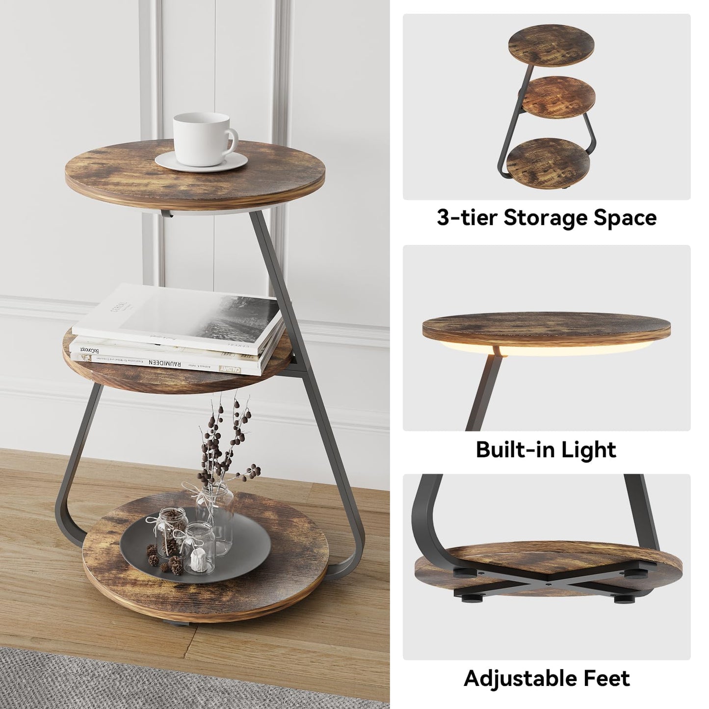 ARTETHYS Side Table Set of 2, Bedside Small Coffee Table with 3 Color LED Lights, End Table with 3 Tier Storage Shelves for Living Room Bedroom, Rustic Brown