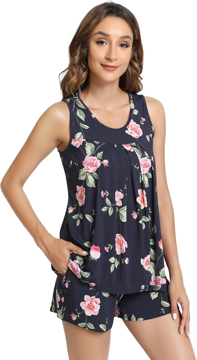 NACHILA Pajamas for Women-Viscose from Bamboo, Ribbed Racerback Tank Top Sexy Split Shorts Pajama Sets Cooling Sleep Cami Pjs