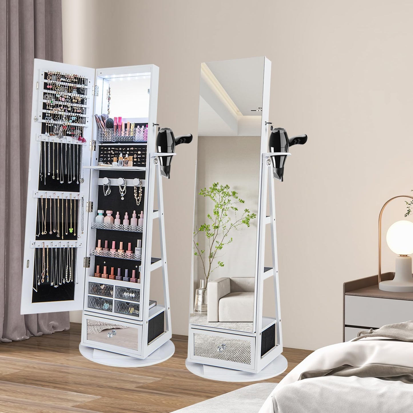 HAPPYGRILL Jewelry Armoire with Full Length Mirror, 360° Lockable Jewelry Organizer W/ 6 LEDs, Rear Storage Shelves, Large Bottom Drawer & Hairdryer Holder, Standing Jewelry Cabinet for Women, White