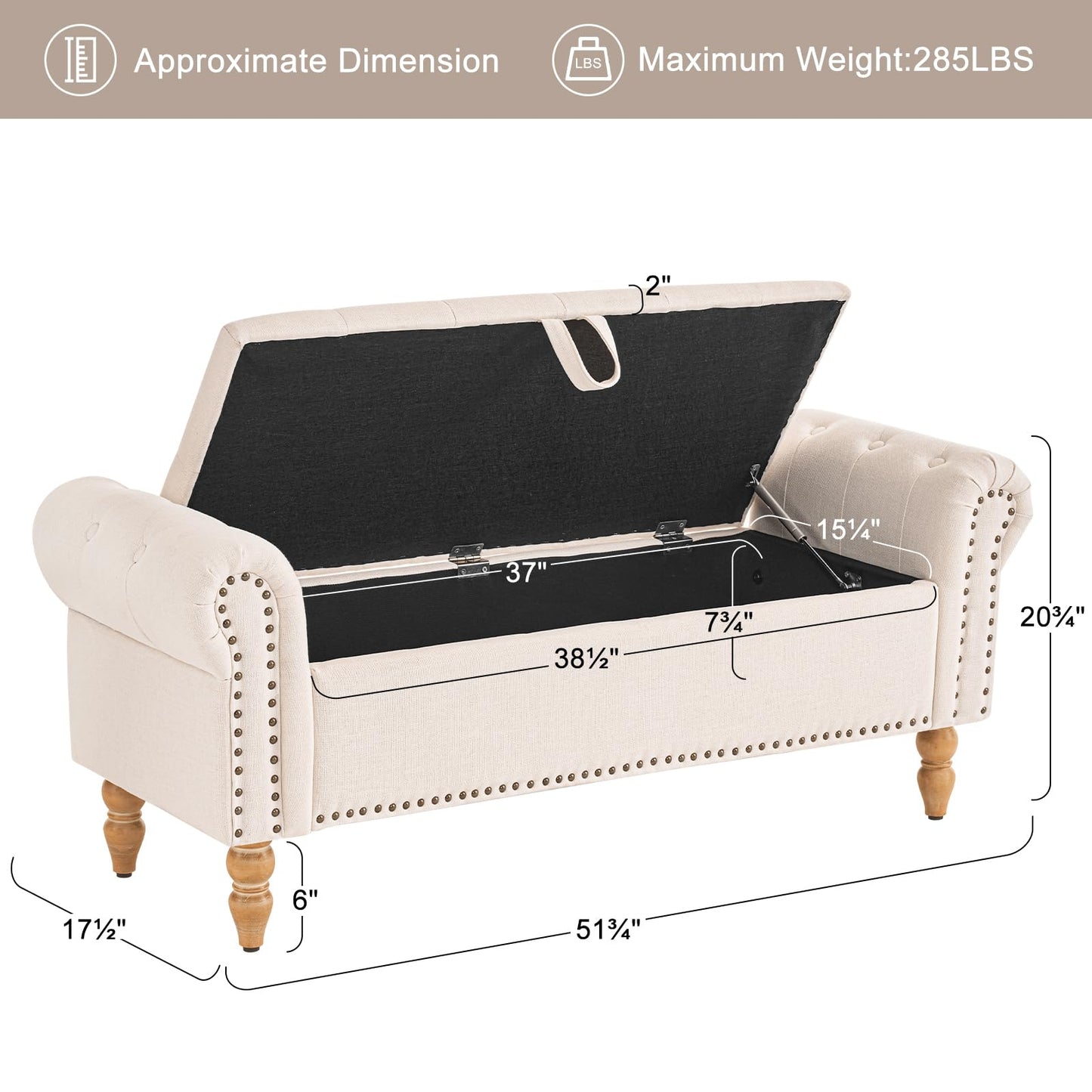 Furniliving 51” Storage Benches, End of Bed Bench with Button-Tufted Large Upholstered Storage Ottoman Linen Window Bench with Storage Shoe Cabinet Bench, for Bedroom, Entryway, Closet, Beige