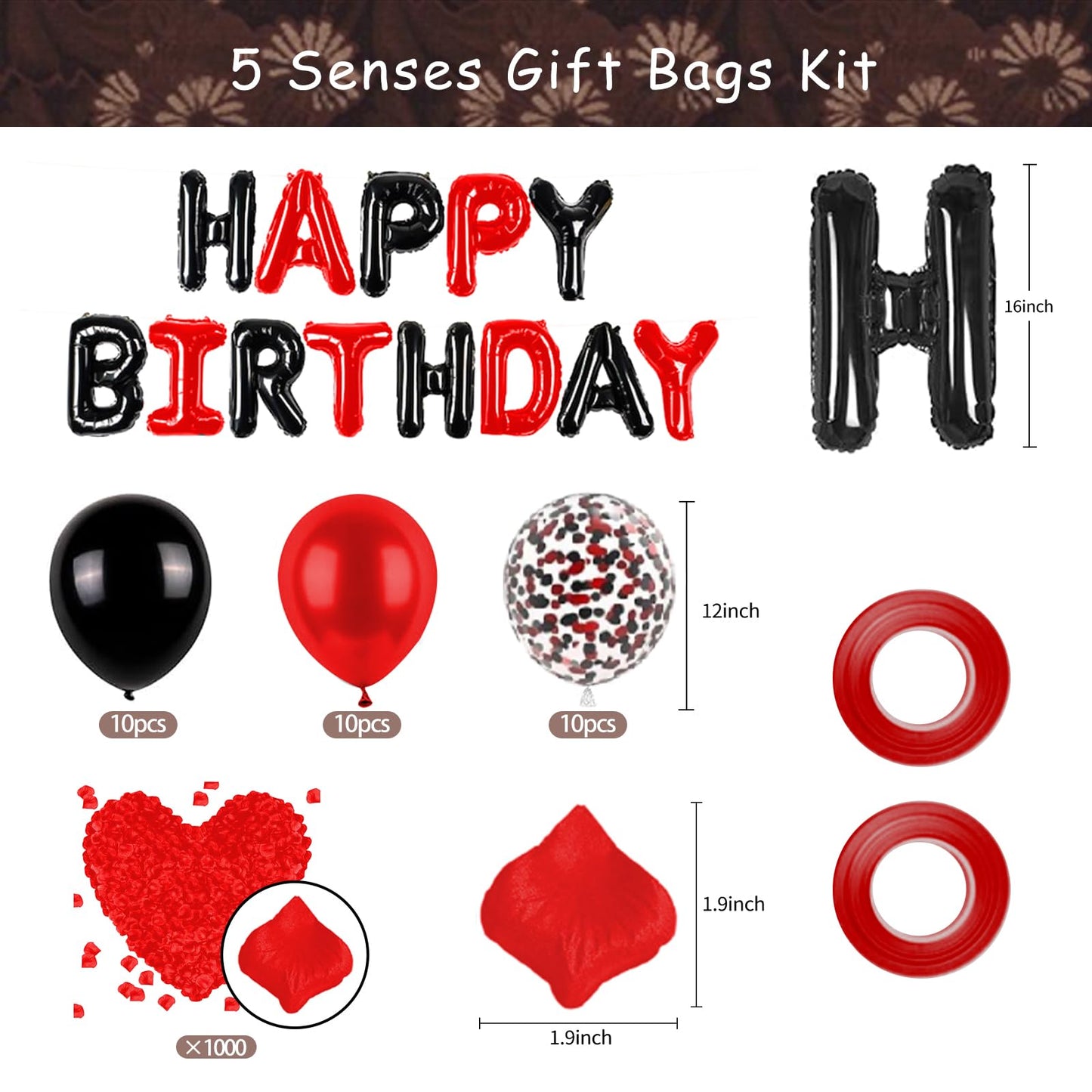 5 Senses Gift Bags Five Senses Birthday Party Decorations with Tissue Paper, Rose Petals and Happy Birthday Banner Balloons Five Senses Gift for Him Husband Boyfriend (Red black)