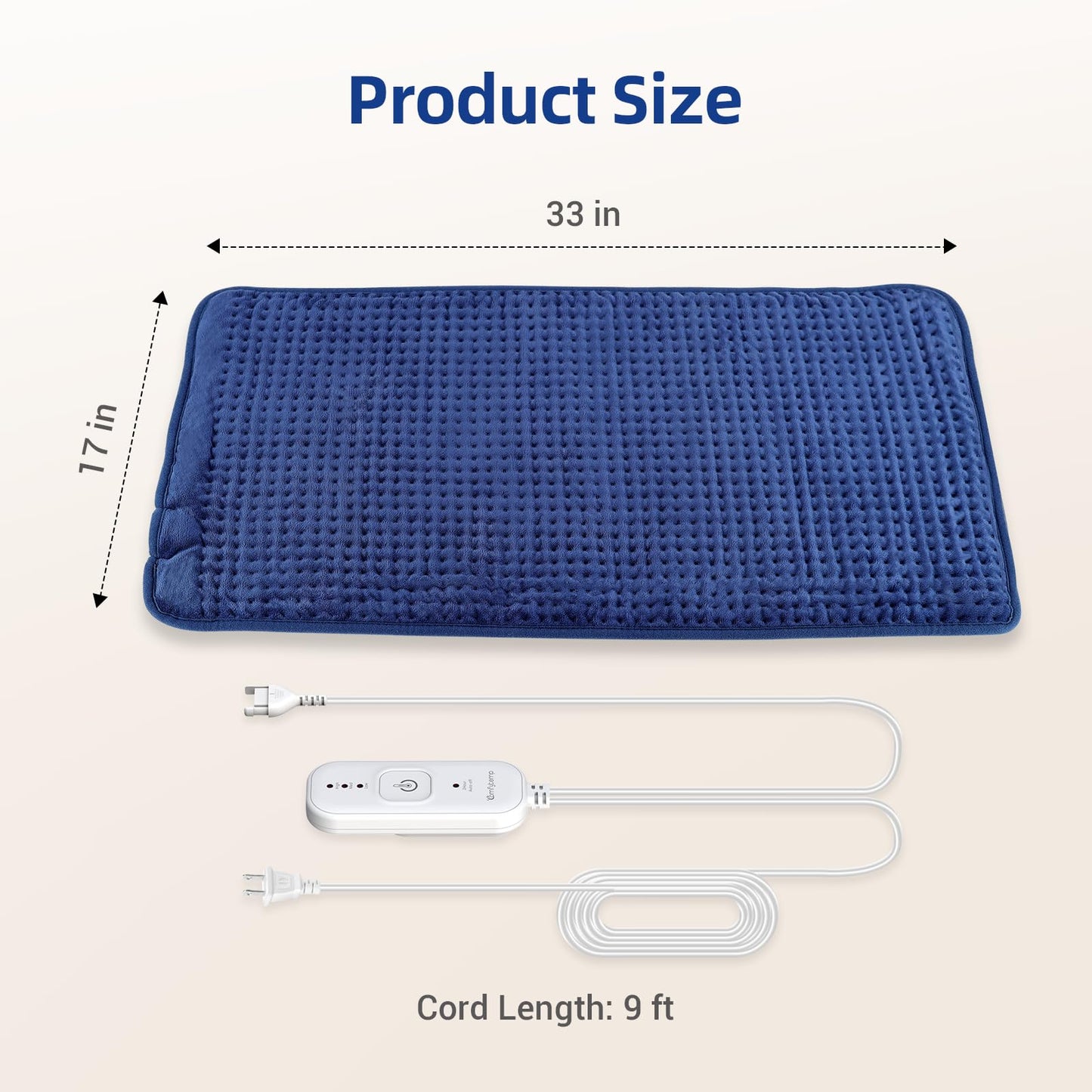 Comfytemp Extra Large Heating Pad for Back & Period, 33''x 17'' King Size, FSA Eligible Items Only List, HSA Approve Electric XL Heated Pad for Shoulder/Neck/Knee, Small Lap Blanket, Washable (Blue)