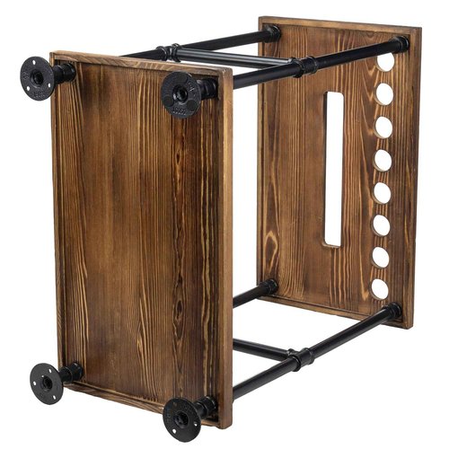 MyGift Rustic Burnt Solid Wood Pool Cue Stick Holder, Ball Holder, and Triangle Rack Hook Organizer Stand with Industrial Black Metal Pipe Frame, Freestanding Billiard Equipment All-in-One Storage