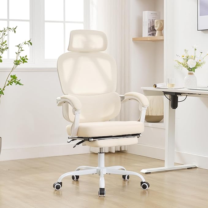 BOWTHY Mesh Ergonomic Office Chair with Footrest,90-135 Comfy Reclining Chairs,Home Office Desk Chair with Adjustable Lumbar Support & Headrest, High Back Computer Chair (Beige)