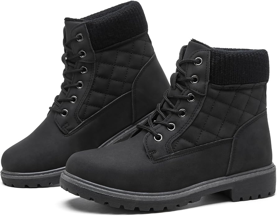 kufeiti Waterproof Ankle Boots for Women Non Slip Black Combat Boots Fall Winter Snow Lace Up Hiking Booties